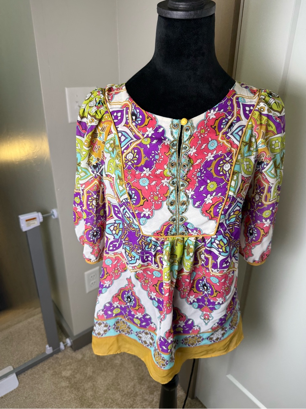 Nicole by Nicole Miller Abstract Colorful Blouse Top Button Indian Artsy Flowy 4